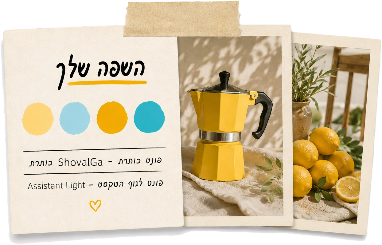 קולאז' עם פתקית השפה שלך, מקינטה צהובה וזר לימונים