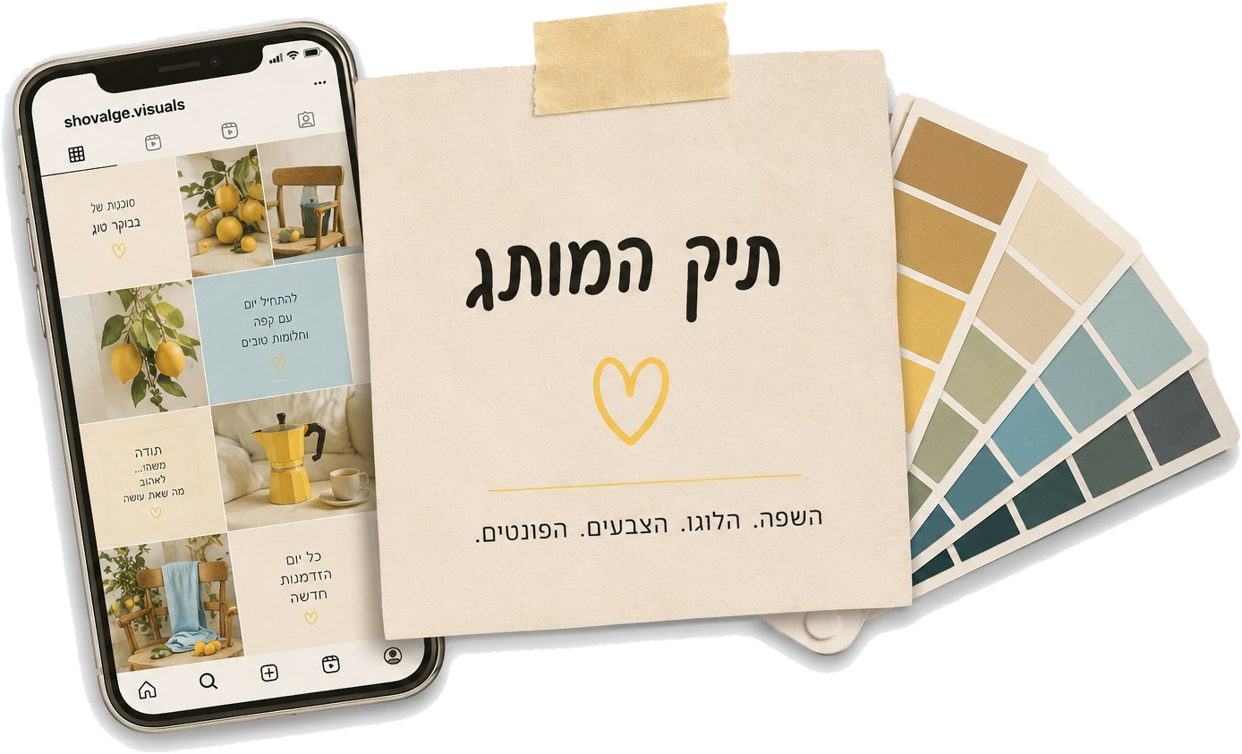 קולאז' עם תיק המותג, מניפת צבעים וטלפון עם פיד האינסטגרם